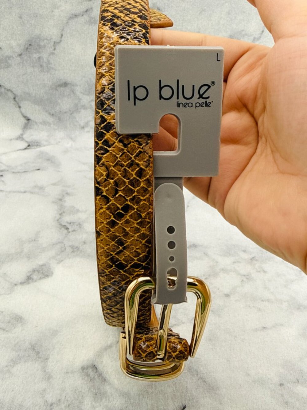 LP Blue Snake Print Belt Caramel Animal Print Gold Buckle 1.5in Width,Size L,NEW - Picture 4 of 11